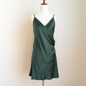 Blush & Day Emerald Green Satin Slip Wrap Sleeveless Short Dress, size S
